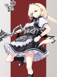 Rule 34 | 1girl, :o, ammunition belt, assault rifle, black footwear, blonde hair, blue eyes, boots, braid, braided ponytail, breasts, camouflage, feet out of frame, g36 (girls&#039; frontline), girls&#039; frontline, gloves, gun, h&amp;k g36, highres, holding, holding gun, holding weapon, ingerdoll, long hair, looking at viewer, maid, maid headdress, necktie, red necktie, rifle, solo, standing, standing on one leg, tactical maid, unconventional maid, weapon, weapon on back, white gloves