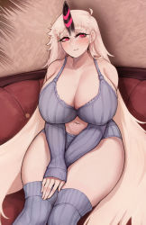 Rule 34 | 1girl, abyssal ship, blue bra, blue panties, blue sleeves, blue thighhighs, blush, bra, breasts, cleavage, collarbone, couch, detached sleeves, horns, huge breasts, kantai collection, long hair, looking at viewer, pale skin, panties, pink eyes, seaport princess, single horn, sitting, smile, solo, thick thighs, thighhighs, thighs, underwear, uni (oni unicorn), very long hair, white hair