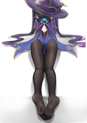 Rule 34 | 1girl, ass, black pantyhose, blue leotard, capelet, commentary request, facing away, feet, from behind, full body, fur collar, genshin impact, hat, highres, leotard, lim (ramu), long hair, lying, mona (genshin impact), no shoes, on stomach, pantyhose, soles, solo, thigh gap, toes, twintails, vision (genshin impact), witch hat