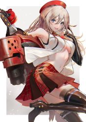 Rule 34 | 1girl, :d, alisa ilinichina amiella, armpits, bare shoulders, black footwear, black gloves, blonde hair, blue eyes, boots, border, breasts, elbow gloves, fingerless gloves, gloves, god eater, god eater 2: rage burst, gradient background, grey background, hair between eyes, hat, high heel boots, high heels, highres, holding, holding weapon, leg up, long hair, medium breasts, miniskirt, navel, no bra, open clothes, open mouth, open vest, outside border, plaid, plaid skirt, pleated skirt, red hat, red skirt, skirt, smile, solo, standing, standing on one leg, tarutaru yamaoka, thigh boots, thighhighs, thighhighs under boots, underboob, vest, weapon, white border, white vest