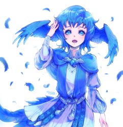 Rule 34 | 1girl, bird girl, bird tail, blue capelet, blue eyes, blue hair, blue tail, capelet, feathers, final fantasy, final fantasy xiv, head wings, leki ixion, long sleeves, looking at viewer, meteion, open mouth, short hair, solo, tail, white background, wing ears, wings