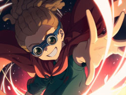 Rule 34 | 1boy, :d, asada hachi, brown hair, cape, commentary request, dreadlocks, goggles, green shirt, grin, highres, inazuma eleven, inazuma eleven (series), kidou yuuto, looking at viewer, male focus, open mouth, outstretched arm, red cape, shirt, short hair, smile, solo, upper body