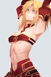 Rule 34 | 1girl, armpits, arms up, blonde hair, blue background, blush, breasts, cleavage, detached sleeves, fate/apocrypha, fate (series), green eyes, i-pan, medium breasts, midriff, mordred (fate), mordred (fate/apocrypha), navel, ponytail, simple background, small breasts, solo, sweat