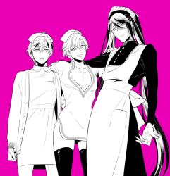 Rule 34 | 3boys, :d, apron, arm around shoulder, arm on another&#039;s shoulder, back bow, black legwear, bow, buttons, cardigan, clenched hand, crossdressing, dress, duo chromatic, hair between eyes, hat, high collar, hypnosis mic, izanami hifumi, jinguji jakurai, kannonzaka doppo, lineart, long dress, long hair, long sleeves, looking at viewer, maid, maid apron, maid headdress, male focus, matenro (hypnosis mic), monochrome, multiple boys, nurse, nurse cap, open mouth, pectorals, pen, pink background, pocket, saida nika, short dress, short sleeves, side slit, simple background, smile, thighhighs, twintails, very long hair