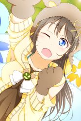Rule 34 | 1girl, ;), animal ears, animal hands, animal hood, aqua eyes, artist name, artist request, bare shoulders, bear ears, blue eyes, blush, bow, breasts, brown bow, brown dress, brown hair, brown jacket, brown sweater, close-up, clothing cutout, collarbone, dress, exciting animal (love live!), feitonokesin, female focus, flower, frilled dress, frills, fur trim, gloves, hair between eyes, highres, hood, hooded jacket, hooded sweater, jacket, light brown jacket, light brown sweater, long hair, long sleeves, looking at viewer, love live!, love live! nijigasaki high school idol club, love live! school idol festival, love live! school idol festival all stars, medium breasts, one eye closed, osaka shizuku, parted lips, paw gloves, polka dot, polka dot bow, ponytail, ribbon, short sleeves, shoulder cutout, smile, solo, sweater, upper body, white bow, white flower, wink, yellow ribbon