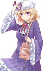 Rule 34 | 1girl, adjusting clothes, adjusting headwear, arm up, bag, blonde hair, blush, brooch, buttons, collared shirt, e.o., frilled shirt, frilled sleeves, frills, gem, hair between eyes, hand on headwear, handbag, hat, hat ribbon, highres, jewelry, long sleeves, looking at viewer, maribel hearn, mob cap, over shoulder, purple eyes, red ribbon, ribbon, red gemstone, shirt, short hair, simple background, smile, solo, standing, touhou, white background