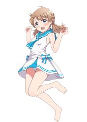 Rule 34 | 1girl, absurdres, ahoge, barefoot, blue bow, blue eyes, blue neckerchief, blue sailor collar, blush, bow, brown hair, commentary request, dress, hands up, highres, idolmaster, idolmaster million live!, idolmaster million live! theater days, jumping, legs, looking at viewer, midair, neckerchief, open mouth, panties, pantyshot, sailor collar, short hair, sleeveless, sleeveless dress, solo, suou momoko, thighs, twintails, underwear, white background, white dress, white panties, yukiho kotori