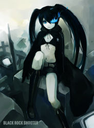 Rule 34 | 10s, 1girl, belt, bikini, bikini top only, black hair, black rock shooter, black rock shooter (character), blue eyes, boots, coat, cross, flat chest, front-tie top, gloves, glowing, glowing eye, glowing eyes, hair over one eye, hironox, hood, hooded jacket, jacket, knee boots, latin cross, long hair, midriff, navel, pale skin, short shorts, shorts, sitting, solo, star (symbol), staring, swimsuit, television, twintails, uneven twintails, very long hair, zipper