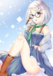 Rule 34 | 1girl, ass, bad id, bad pixiv id, bare legs, blue dress, breasts, cleavage, clothes lift, dress, dress lift, glasses, hair ornament, hairclip, highres, holding, looking at viewer, marker, mashiro aa, okitegami kyouko, okitegami kyouko no bibouroku, open mouth, purple eyes, scarf, short hair, sitting, small breasts, solo, white hair