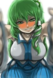 Rule 34 | 1girl, armpits, assertive female, bare shoulders, blurry, blush, breasts, depth of field, detached sleeves, face, female focus, foreshortening, frog, ginji (sakaki summer), green eyes, green hair, highres, kochiya sanae, large breasts, long hair, looking at viewer, matching hair/eyes, naughty face, pov, solo, touhou