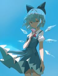 Rule 34 | 1girl, absurdres, blue dress, blue eyes, blue hair, bow, breasts, cirno, dress, floating clothes, floating hair, flower, hair bow, highres, holding, holding flower, ice, ice wings, looking at viewer, pinafore dress, shirt, short hair, short sleeves, sleeveless, sleeveless dress, small breasts, solo, touhou, uroam, white shirt, wings