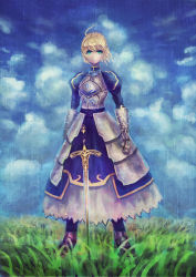 Rule 34 | 1girl, absurdres, ahoge, armor, armored dress, artoria pendragon (fate), bad id, bad pixiv id, blonde hair, caliburn (fate), cloud, day, dress, fate/stay night, fate (series), faulds, field, gauntlets, green eyes, hair ribbon, highres, mahou kyuuri, ribbon, saber (fate), sky, solo, standing, sword, weapon