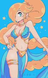 Rule 34 | 1girl, absurdres, bikini, blonde hair, blue background, blue bikini, blue eyes, bracelet, breasts, choker, cleavage, clothes lift, collarbone, cresscin, dancer, earrings, hair over one eye, hand on own hip, harem outfit, highres, jewelry, large breasts, long hair, looking at viewer, mario (series), navel, nintendo, parted lips, pelvic curtain, pelvic curtain lift, ponytail, princess, rosalina, standing, star (symbol), starry background, super mario galaxy, swimsuit, thighlet