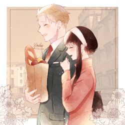 Rule 34 | 1boy, 1girl, artist name, bag, black hair, blonde hair, blush, bread, closed eyes, collared shirt, earrings, gold earrings, grey jacket, hair up, hairband, hand to own mouth, highres, holding, holding bag, jacket, jewelry, loaf of bread, long sleeves, necktie, open mouth, outdoors, paper bag, parted bangs, pink jacket, red necktie, shirt, short hair, sidelocks, smile, spy x family, suit jacket, twilight (spy x family), twitter username, upper body, violet viora, walking, white hairband, white shirt, yor briar