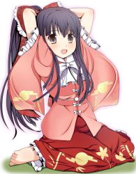 Rule 34 | 1girl, \o/, adjusting hair, alternate hairstyle, arms behind head, arms up, barefoot, black hair, bow, brown eyes, egasumi, female focus, frills, full body, hair bow, houraisan kaguya, japanese clothes, long hair, md5 mismatch, open mouth, outstretched arms, patterned, ponytail, sawade, simple background, sitting, smile, solo, touhou, tying hair, wariza, white background, wide sleeves