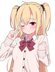 Rule 34 | 1girl, ahoge, alternate costume, arihara nanami, black scrunchie, blonde hair, blush, bow, brown cardigan, cardigan, clenched hand, closed mouth, embarrassed, eyes visible through hair, frown, hair between eyes, hair ornament, hair scrunchie, hands up, highres, long hair, looking at viewer, one eye closed, red bow, red eyes, riddle joker, scrunchie, sleeves past wrists, solo, split mouth, straight hair, sweatdrop, two side up, upper body, v, v over eye, very long hair, zlmh7okwwbmghfo