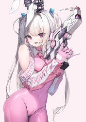 Rule 34 | 1girl, :d, animal ears, bare shoulders, blush, bodysuit, breasts, brown background, covered navel, dduck kong, detached sleeves, english text, finger on trigger, gloves, grey hair, gun, hair intakes, hands up, headgear, headset, heart, heart-shaped pupils, highres, holding, holding gun, holding weapon, latex, latex suit, long hair, long sleeves, looking at viewer, open mouth, original, pink bodysuit, pink gloves, puffy long sleeves, puffy sleeves, rabbit ears, red eyes, sash, shiny clothes, simple background, skin tight, small breasts, smile, solo, symbol-shaped pupils, teeth, two-handed, two side up, upper teeth only, very long hair, weapon, zipper