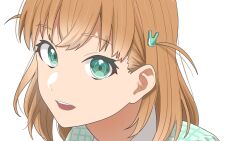 Rule 34 | 1girl, aqua eyes, close-up, commentary, crossed bangs, green shirt, hair ornament, highres, hinoshita kaho, link! like! love live!, looking at viewer, love live!, medium hair, open mouth, orange hair, rabbit hair ornament, s sho mkrn, shirt, simple background, smile, solo, teeth, two side up, upper teeth only, virtual youtuber, white background