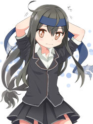 Rule 34 | 10s, 1girl, ahoge, arms behind head, black hair, blazer, cowboy shot, hairband, hatsushimo (kancolle), hatsushimo kai ni (kancolle), headband, jacket, kantai collection, long hair, looking at viewer, low-tied long hair, pleated skirt, red eyes, school uniform, shirt, skirt, solo, tachiki (naruki), white shirt