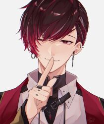 Rule 34 | 1boy, artist name, asymmetrical bangs, bad id, bad twitter id, belt, black belt, black shirt, brown hair, closed mouth, collared shirt, commentary, ear piercing, earrings, eyelashes, finger to mouth, gradient hair, grey hair, hand up, highres, index finger raised, jacket, jewelry, looking at viewer, male focus, multicolored hair, necklace, nijisanji, nijisanji en, one eye closed, open clothes, open jacket, parted bangs, piercing, red eyes, red hair, ring, shirt, short hair, shushing, signature, simple background, smile, solo, spiked ear piercing, spikes, streaked hair, swept bangs, teruya te10, twitter username, upper body, ver vermillion, virtual youtuber, white background, white shirt, wing collar