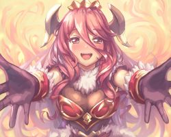 Rule 34 | 1girl, absurdres, blush, breasts, dragalia lost, fangs, gloves, hairband, highres, large breasts, lipstick, long hair, makeup, mikazukiblue, mym (dragalia lost), nose blush, open mouth, outstretched hand, red hair, smile, solo