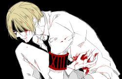 Rule 34 | 1boy, armband, awara kayu, black armband, black background, blonde hair, blood, blood on clothes, blood on face, collared shirt, commentary request, from side, knee up, long sleeves, male focus, nakarai keijin, necktie, pants, parted bangs, red armband, shirt, short hair, simple background, solo, tokyo ghoul, tokyo ghoul:re