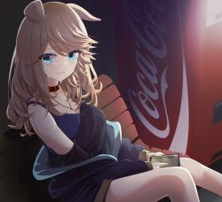 Rule 34 | 1girl, animal ears, bench, black shirt, blonde hair, blue jacket, breasts, camisole, cleavage, closed mouth, coca-cola, collar, collarbone, commentary request, crying, crying with eyes open, ears down, frown, gold city (umamusume), green eyes, highres, horse ears, jacket, jewelry, long hair, long sleeves, looking at viewer, off shoulder, pendant, ryouta (ryouta335), shirt, sidelighting, sitting, solo, tears, umamusume, vending machine, wallet