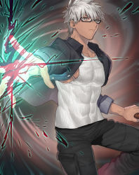 Rule 34 | 1boy, alternate costume, archer (fate), brown eyes, collarbone, covered abs, covered navel, cowboy shot, dark skin, dark-skinned male, fate/grand order, fate/stay night, fate (series), glasses, highres, looking at viewer, male focus, muscular, none (kameko227), pants, pectorals, short hair, solo, archer (summer casual) (fate), tank top, upper body, white hair