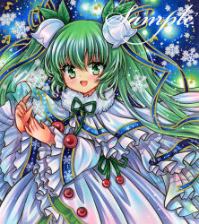 Rule 34 | 1girl, :d, blue background, blue trim, capelet, cowboy shot, dress, embellished costume, flower, frilled dress, frills, fur collar, green eyes, green hair, hair flower, hair ornament, hatsune miku, leaf, lily of the valley, long hair, long sleeves, looking at viewer, marker (medium), open mouth, rowan, rui (sugar3), sample watermark, smile, snowflake print, snowflakes, solo, standing, traditional media, twintails, vocaloid, watermark, white capelet, white dress, white flower, wide sleeves, yuki miku, yuki miku (2015)