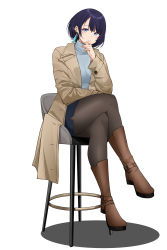 Rule 34 | 1girl, absurdres, black hair, black pantyhose, blue eyes, blue shirt, boots, brown coat, brown footwear, chair, coat, commentary, commission, crossed legs, hand up, highres, long sleeves, looking at viewer, oceane otoishi, open clothes, open coat, pantyhose, pinepin, production kawaii, second-party source, shirt, short hair, simple background, sitting, smile, solo, thighs, virtual youtuber, white background