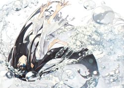 Rule 34 | 1girl, backless dress, backless outfit, black hair, blue eyes, breasts, dress, kiss, long hair, looking at viewer, original, senmu (senmudayo), simple background, solo, upside-down kiss, very long hair, water, water drop, white background