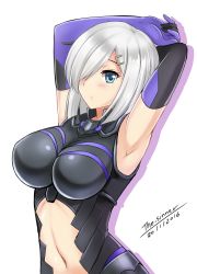 Rule 34 | 10s, 1girl, armor, armored dress, armpits, arms behind head, artist name, bodysuit, breasts, cosplay, fate/grand order, fate (series), hair ornament, hair over one eye, hairclip, hamakaze (kancolle), highres, kantai collection, large breasts, look-alike, mash kyrielight, navel, shielder (fate/grand order) (cosplay), short hair, the-sinner, white background, white hair