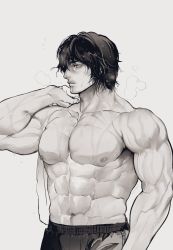 Rule 34 | 1boy, abs, absurdres, bara, biceps, black hair, greyscale, half-closed eyes, highres, kengan (series), kengan ashura, kyowo sukkesuke, large pectorals, looking to the side, male focus, manly, mature male, messy hair, monochrome, muscular, muscular male, nipples, pants, pectorals, short hair, shorts, simple background, solo, steam, sweat, sweatdrop, thick arms, tokita ouma, topless male, towel, towel on one shoulder, veins, veiny arms, white background