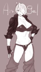 Rule 34 | 1girl, angel (kof), arm at side, bad id, bad pixiv id, belt, bra, breasts, chaps, character name, cleavage, closed mouth, collarbone, cowboy shot, cropped jacket, eyebrows, eyelashes, ezaki papiko, facing away, fingerless gloves, fingernails, gloves, gluteal fold, groin, hair over one eye, hand on own hip, highres, jacket, large breasts, midriff, navel, open clothes, open jacket, panties, pink background, short hair, simple background, smile, solo, standing, stomach, strapless, strapless bra, the king of fighters, tongue, tongue out, tsurime, underwear