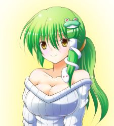 Rule 34 | 1girl, alternate hairstyle, bare shoulders, breasts, cleavage, colorized, female focus, frog, green hair, hair ornament, kochiya sanae, large breasts, long hair, osashin (osada), ponytail, smile, snake, solo, sweater, touhou, yellow eyes