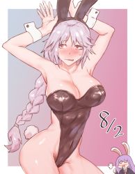 Rule 34 | 2girls, absurdres, alternate costume, alternate eye color, alternate hair color, animal ears, armpits, black leotard, blazer, blood, blush, border, braid, breasts, chibi, chibi inset, cleavage, clenched hand, collarbone, collared shirt, covered erect nipples, cowboy shot, dated, embarrassed, facing viewer, fake animal ears, fake tail, female pubic hair, gradient background, grey background, groin, hair tie, hairband, hand up, happy, highleg, highleg leotard, highres, hip focus, impossible clothes, impossible leotard, jacket, large breasts, leotard, light purple hair, long hair, long sleeves, looking to the side, mismatched pubic hair, multicolored background, multiple girls, navel, necktie, nose blush, nosebleed, outline, outside border, pink background, playboy bunny, pubic hair, pubic hair peek, rabbit ears, rabbit girl, rabbit pose, rabbit tail, red eyes, red neckwear, senmura, shiny clothes, shiny skin, shirt, single braid, smile, solo focus, sweatdrop, tail, thighs, touhou, very long hair, wavy mouth, white border, yagokoro eirin