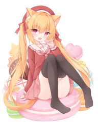 Rule 34 | 1girl, animal ear fluff, animal ears, black thighhighs, blush, cat ears, cat girl, cat tail, commentary request, food, full body, hair between eyes, hair ribbon, highres, holding, holding food, knees up, long hair, long sleeves, looking at viewer, macaron, miniskirt, mochizuki riku, neckerchief, no shoes, open mouth, orange hair, original, panties, pantyshot, pink neckerchief, pink skirt, pleated skirt, red eyes, red ribbon, red shirt, ribbon, sailor collar, sailor shirt, school uniform, serafuku, shirt, simple background, sitting, skirt, sleeves past wrists, solo, tail, thighhighs, twintails, underwear, very long hair, white background, white panties, white sailor collar