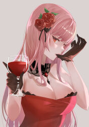 Rule 34 | 1girl, alcohol, black choker, black gloves, breasts, choker, cleavage, cup, dress, drinking glass, embroidered dress, flower, gloves, hair flower, hair ornament, highres, holding, holding cup, hololive, hololive english, hyk0806, lace-trimmed choker, lace collar, lace trim, large breasts, long hair, looking at viewer, mori calliope, mori calliope (party dress), official alternate costume, pink hair, red dress, red eyes, red flower, red rose, red wine, rose, sidelocks, simple background, solo, strapless, strapless dress, virtual youtuber, wine, wine glass