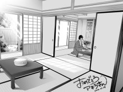 Rule 34 | 1boy, bad id, bad pixiv id, blunt bangs, board game, bush, dated, day, door, dosanko, floor, flower, go (board game), grey theme, greyscale, hikaru no go, indoors, japanese clothes, kimono, long sleeves, male focus, monochrome, perspective, playing games, seiza, short hair, signature, sitting, solo, sunlight, table, touya akira, vase, wooden wall