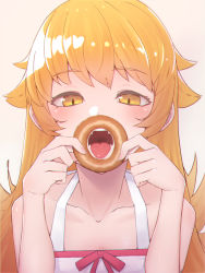 Rule 34 | 1girl, bare shoulders, blonde hair, collarbone, commentary request, doughnut, fangs, food, long hair, monogatari (series), open mouth, oral invitation, oshino shinobu, sexually suggestive, simple background, solo, tongue, tongue out, tostos, upper body, yellow eyes