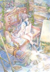Rule 34 | 1girl, absurdres, bag, blue eyes, blue footwear, blush, book, book stack, bookshelf, briefcase, brown hair, cabinet, commentary, easel, english commentary, highres, holding, holding pencil, holding sketchbook, indoors, long hair, long sleeves, oekaki rabbits, original, paintbrush, painting (medium), paper, pencil, sitting, sketchbook, solo, thinking, traditional media, vase, watercolor (medium)