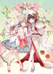 Rule 34 | 2girls, apple, bare shoulders, bell, blue flower, blue skirt, blush, book, bow, bridal veil, bride, brown bow, brown hair, closed mouth, commentary request, dress, flower, food, fruit, fukahire (ruinon), gloves, green eyes, hair between eyes, high heels, holding hands, interlocked fingers, japanese clothes, kimono, lace, long hair, looking at viewer, multiple girls, off-shoulder shirt, off shoulder, open book, original, pink bow, pleated skirt, red apple, red bow, red eyes, red flower, red footwear, sandals, shirt, shoes, skirt, thighhighs, uchikake, veil, very long hair, wedding dress, white flower, white footwear, white gloves, white kimono, white legwear, white shirt, yuri, zouri