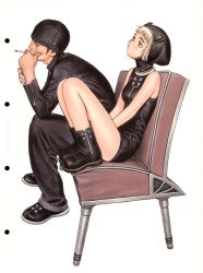 Rule 34 | 1boy, 1girl, animal hat, ankle boots, art deco, bare shoulders, beanie, blonde hair, boots, cigarette, couch, feet on chair, futurhythm, hat, highres, murata range, scan, sitting, smoking, zipper