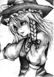 Rule 34 | 1girl, bow, braid, graphite (medium), greyscale, hair bow, hand to hat, hat, kirisame marisa, lips, long hair, looking to the side, mechanical pencil, monochrome, monochrome, open mouth, pencil, side braid, simple background, solo, suparu (detteiu), touhou, traditional media, upper body, vest, white background, witch hat