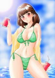 Rule 34 | bikini, blush, brown eyes, brown hair, den&#039;ei shoujo, drink, hayakawa moemi, swimsuit
