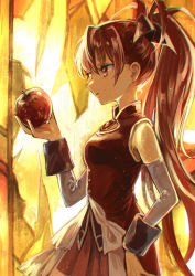 Rule 34 | 1girl, apple, breasts, broken glass, brown hair, closed mouth, detached sleeves, dress, food, from side, fruit, glass, grey sleeves, high ponytail, highres, holding, holding food, holding fruit, jacket, long hair, long sleeves, magical girl, mahou shoujo madoka magica, mahou shoujo madoka magica (anime), marutani, medium breasts, miniskirt, pink skirt, pleated skirt, red dress, red eyes, red jacket, sakura kyoko, skirt, sleeveless, sleeveless jacket, solo, stained glass, standing, very long hair