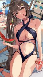 Rule 34 | 3girls, :q, absurdres, beach, beach towel, beach umbrella, bikini, black one-piece swimsuit, blue sky, breasts, brown eyes, brown hair, ceres fauna, cloud, collarbone, criss-cross halter, day, feather hair ornament, feathers, food, friend (nanashi mumei), fruit, hair ornament, hairclip, hakos baelz, halterneck, high ponytail, highres, holding, holding food, hololive, hololive english, long hair, medium breasts, moyomo, multiple girls, nanashi mumei, navel, ocean, one-piece swimsuit, ouro kronii, outdoors, shaved ice, sitting, sky, stomach, suikawari, swimsuit, tongue, tongue out, towel, umbrella, very long hair, virtual youtuber, watermelon, watermelon slice