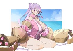 1girl bare_shoulders beach blue_sky breasts cleavage clothing_cutout cloud cloudy_sky collarbone double_bun fate/grand_order fate_(series) hair_bun hair_ribbon highres huge_breasts jacket long_hair looking_at_viewer ninjin_(ne_f_g_o) ocean official_alternate_costume official_alternate_hairstyle partially_unzipped passionlip_(celeb_summer_experience_swimsuit)_(fate) passionlip_(fate) pink_jacket pink_ribbon purple_eyes purple_hair ribbon shoulder_cutout sitting sky solo straight_hair wariza zipper zipper_pull_tab