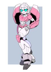 Rule 34 | 1girl, arcee, autobot, blue eyes, border, grey background, hand on own hip, highres, looking at viewer, mecha, outside border, robot, smile, solo, tanaki bouei, transformers, white border