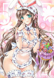 Rule 34 | 1girl, animal ears, apron, aqua eyes, artist name, at classics, basket, blush, bow, braid, breasts, brown hair, cleavage, closed mouth, cowboy shot, detached collar, easter egg, egg, frills, groin, hair bow, hairband, hand up, holding, holding basket, large breasts, long hair, looking at viewer, naked apron, original, pink bow, rabbit ears, ribbon-trimmed apron, ribbon-trimmed collar, ribbon-trimmed legwear, ribbon trim, sample watermark, side braid, smile, solo, thighhighs, traditional media, twin braids, very long hair, watermark, wrist cuffs